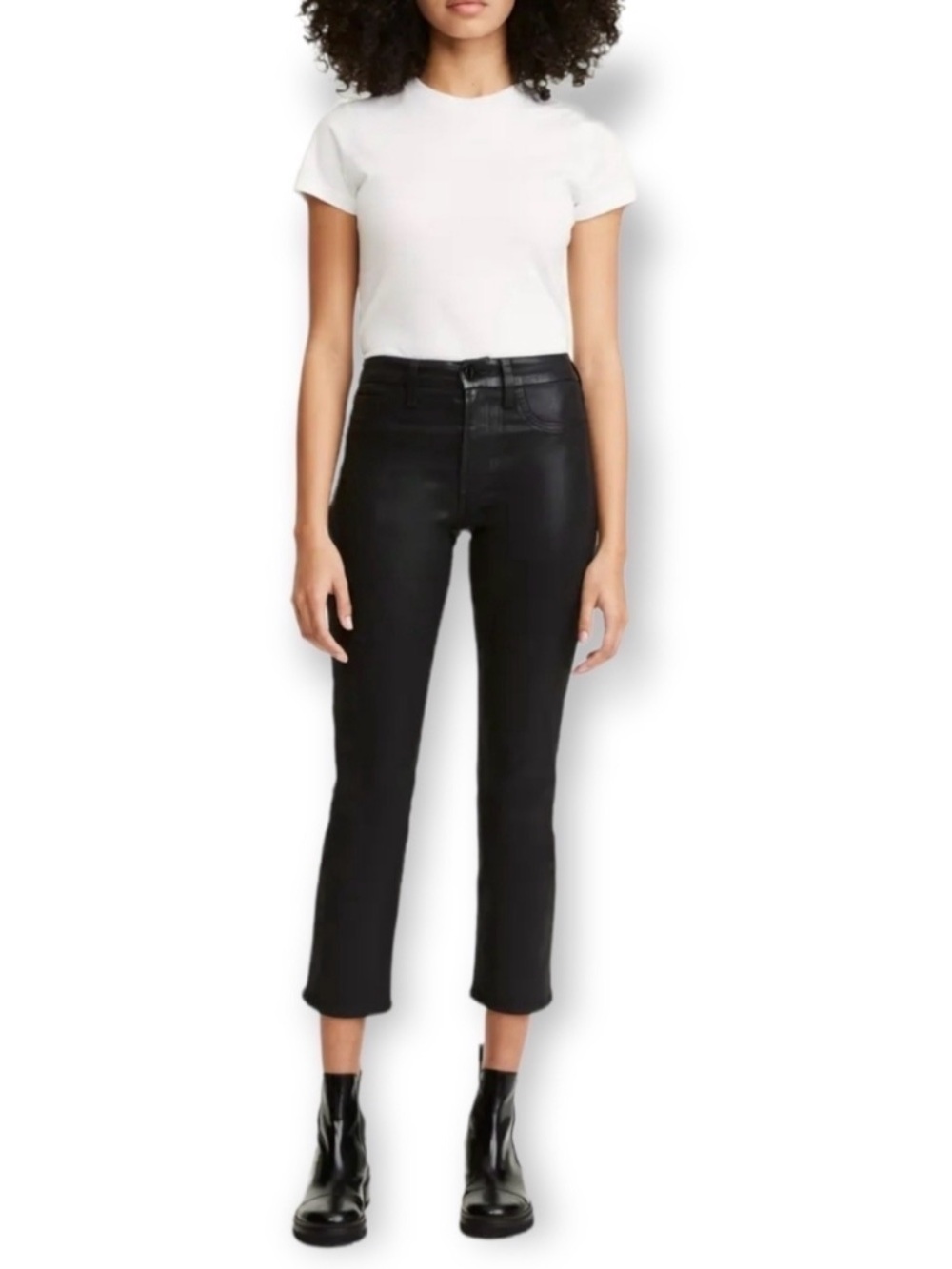 7 For All Mankind High Waist Cropped Straight Coated Black Jeans Matte Sheen, 32